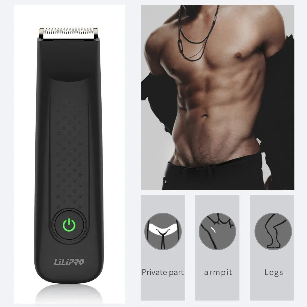 Black men's body hair shaver with ceramic blade and two-way limit comb on a white background