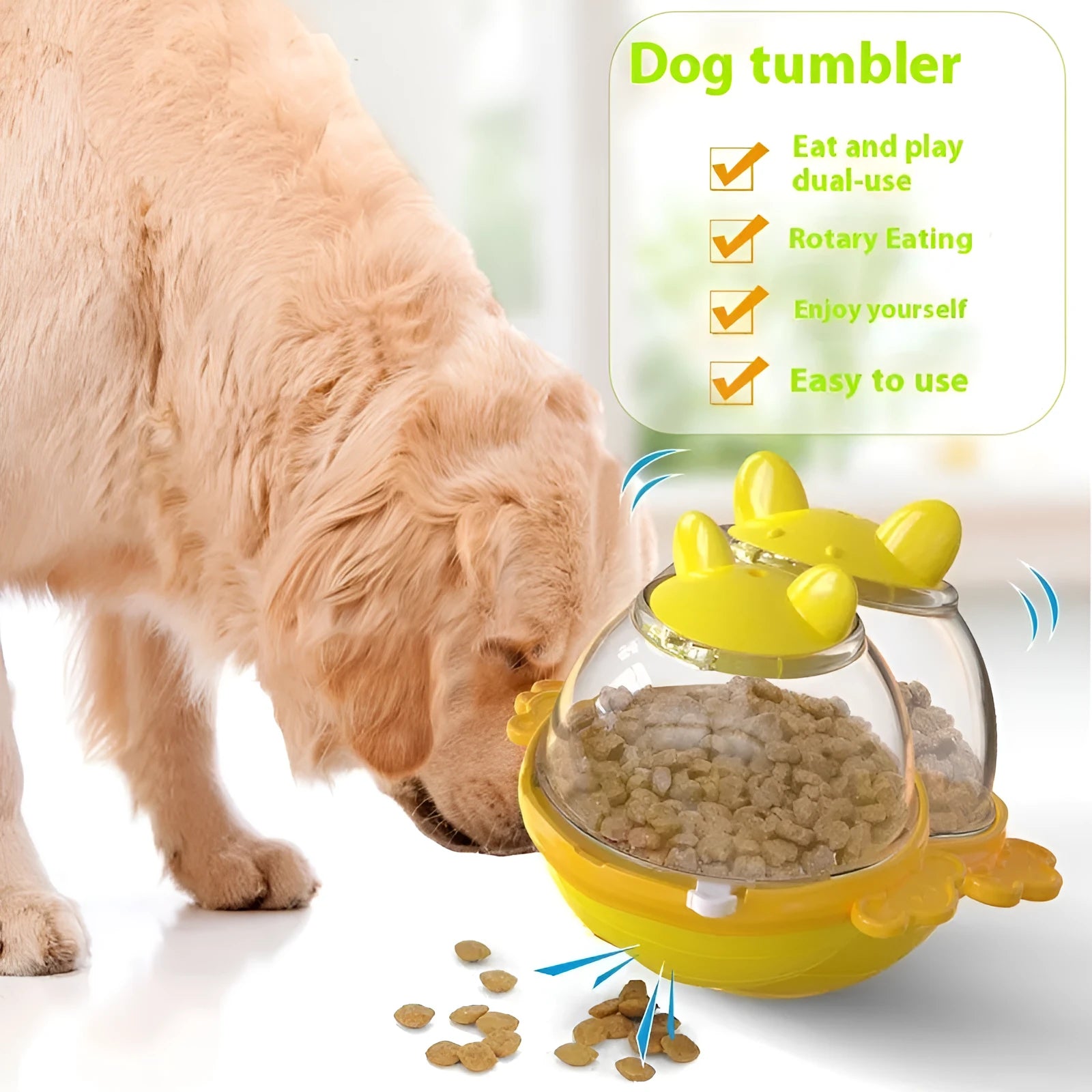 Lake blue TPR tumbler dog feeder toy with food dispenser opening, shown next to yellow version.