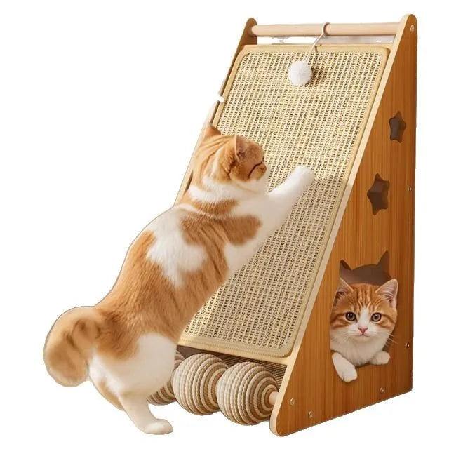 Vertical wall-mounted cat scratch board with sisal surface and dangling teasing ball