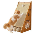 Vertical wall-mounted cat scratch board with sisal surface and dangling teasing ball