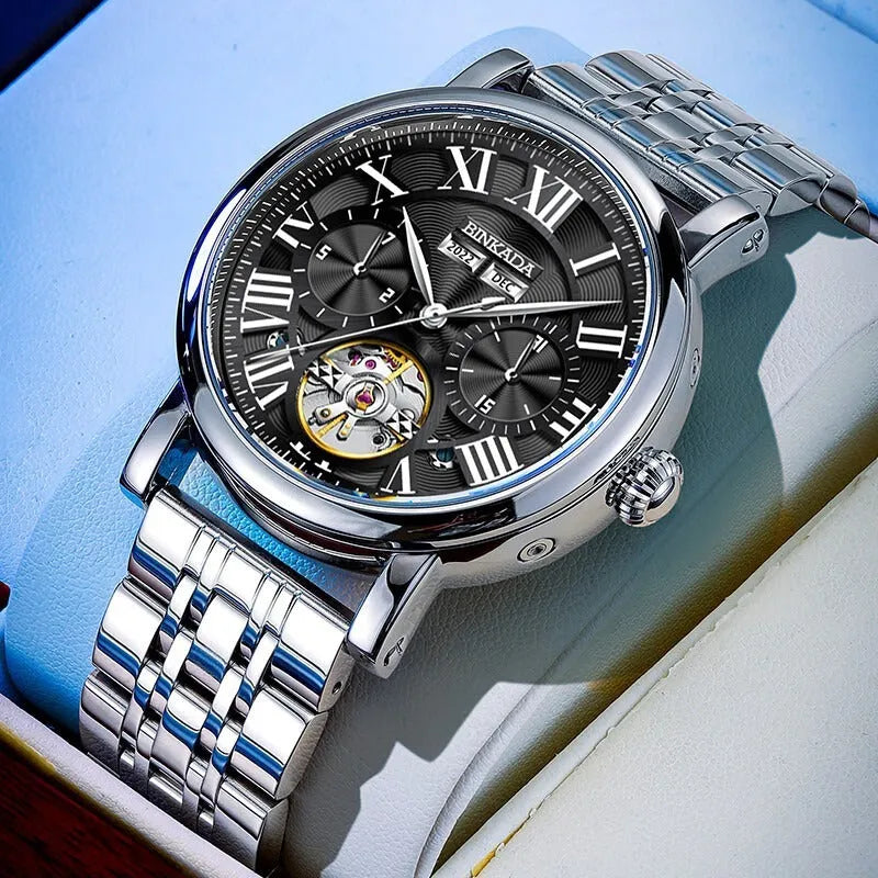 Men's mechanical automatic waterproof watch with stainless steel bracelet in business style