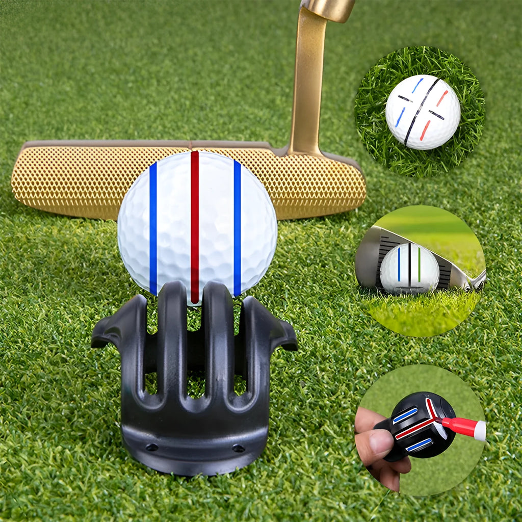 Plastic golf scriber putter alignment tool set with scribers and drawing pens on a green.