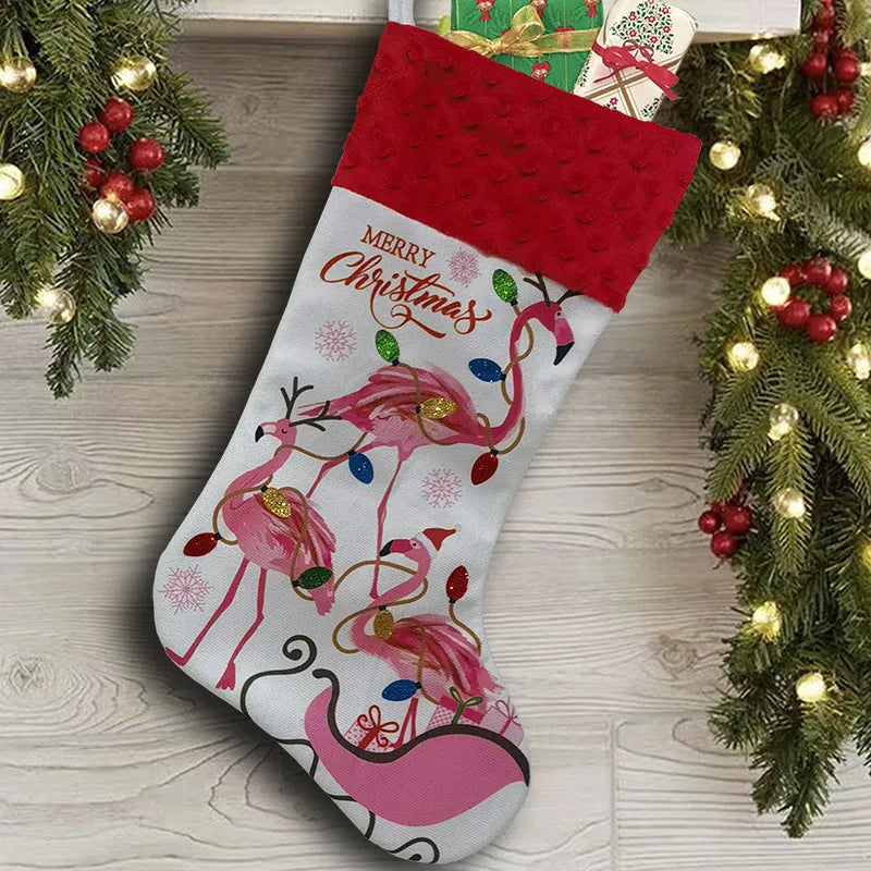 Flamingo design cloth Christmas stocking, 46cm long, in one of three colourful American styles.