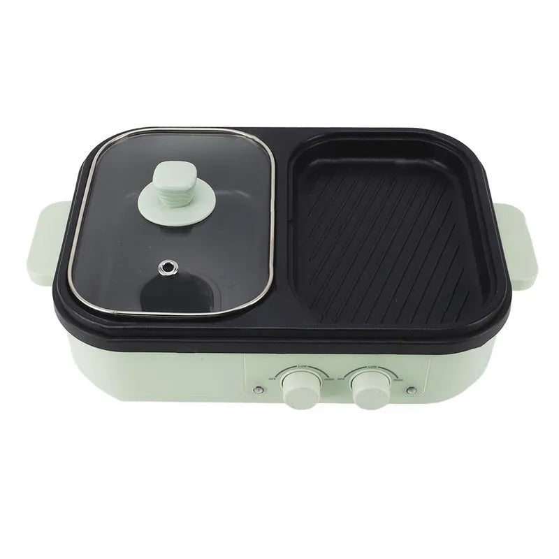 White and green household electric hot pot with dual-use caldron and frying oven function