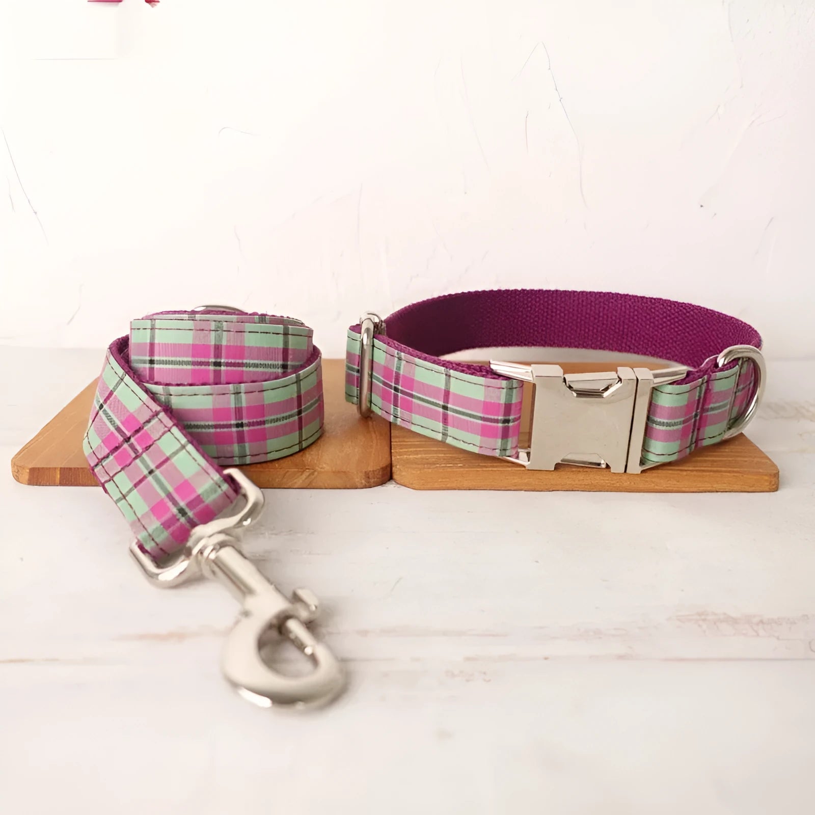 Mint green polyester dog collar and matching lead set on a white background.