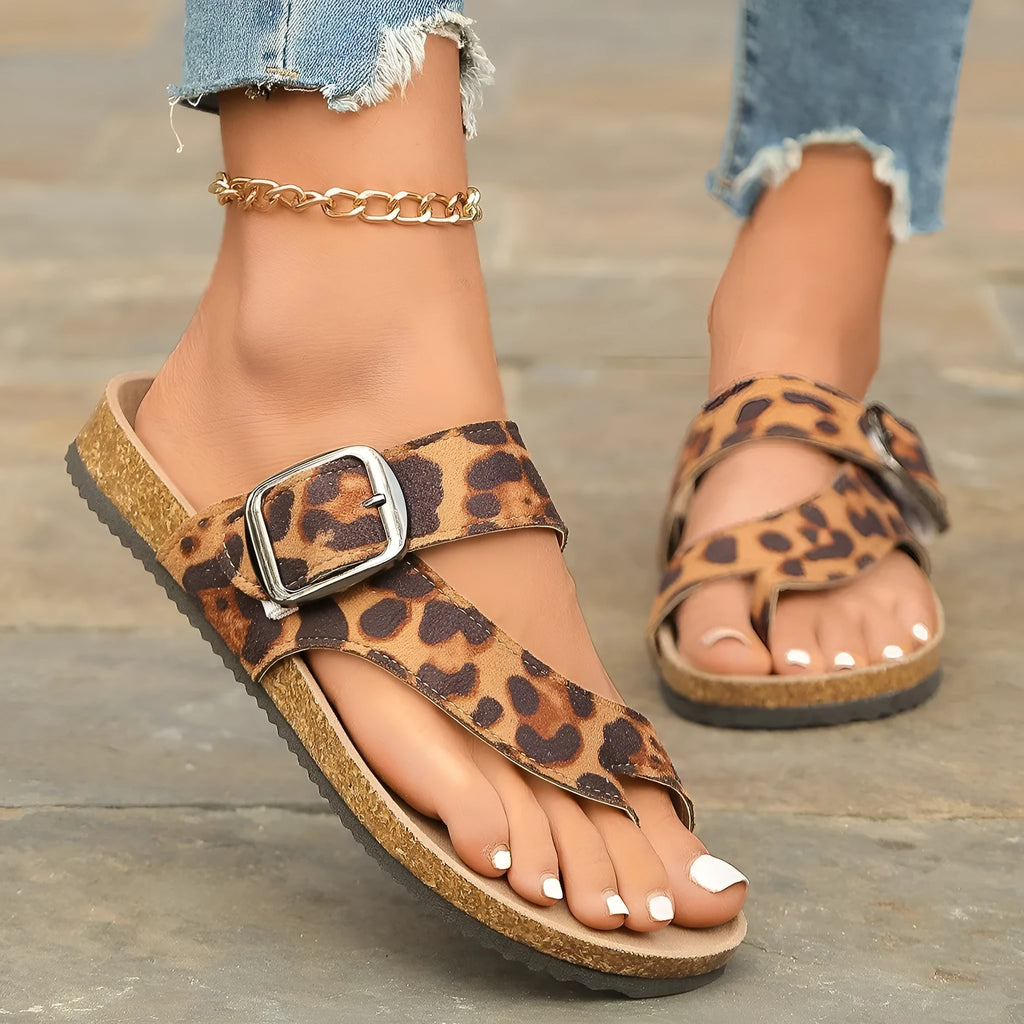 Roman style leopard print slippers with wooden sole and round toe design
