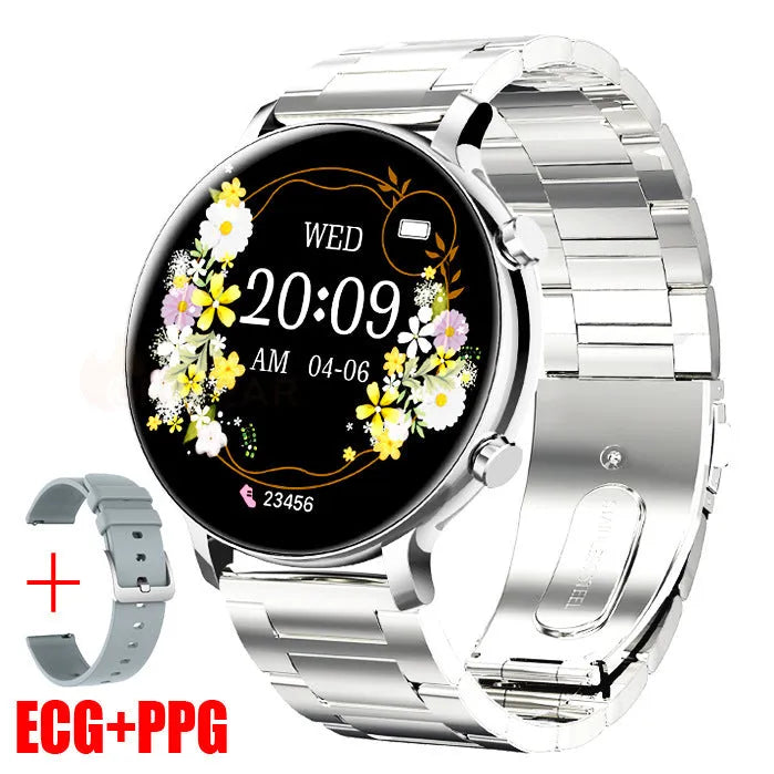 Black Bluetooth smartwatch with stainless steel strap showing call and heart rate monitoring functions on screen.
