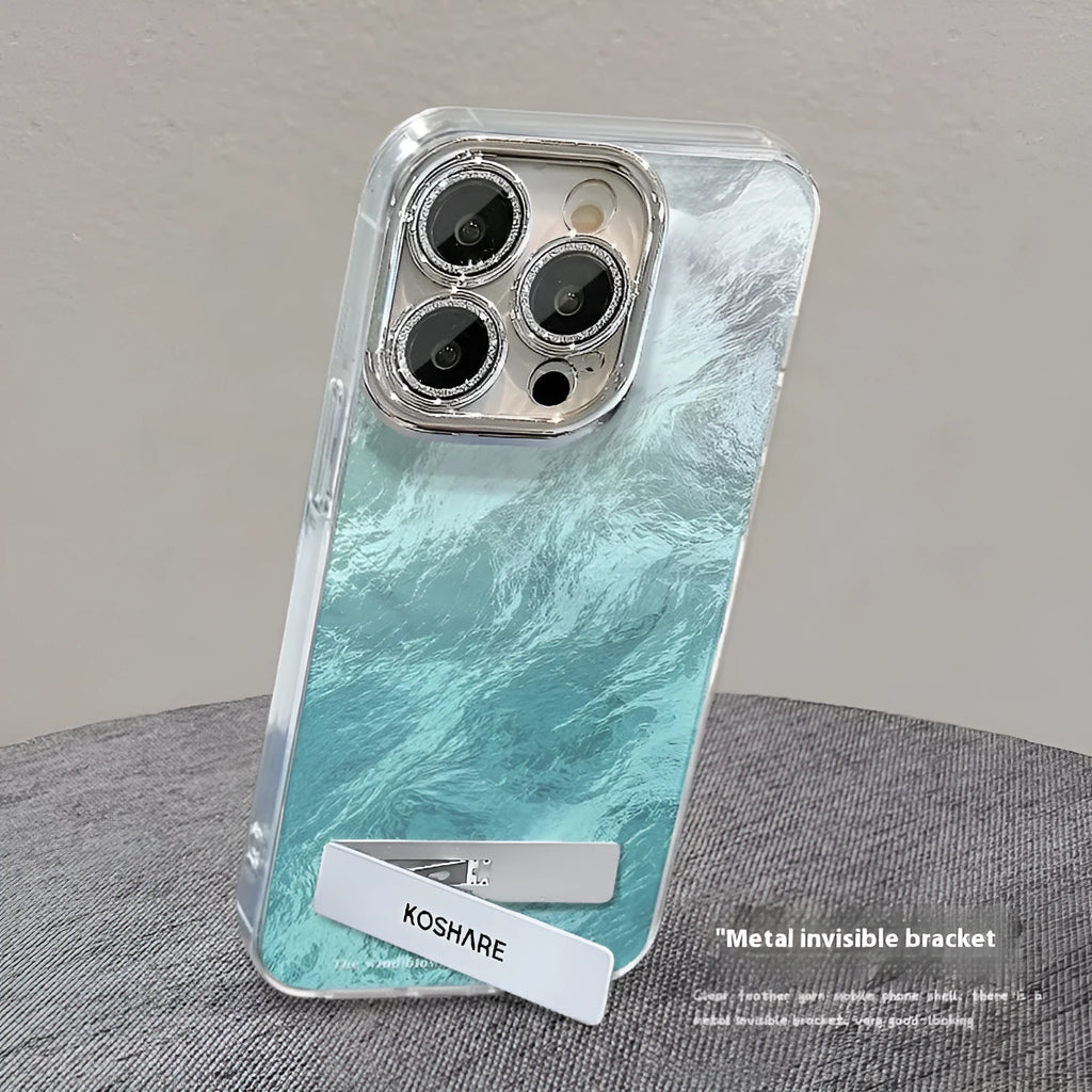 Ice blue gradient hard PC phone case with silver trim and invisible bracket for Apple iPhone