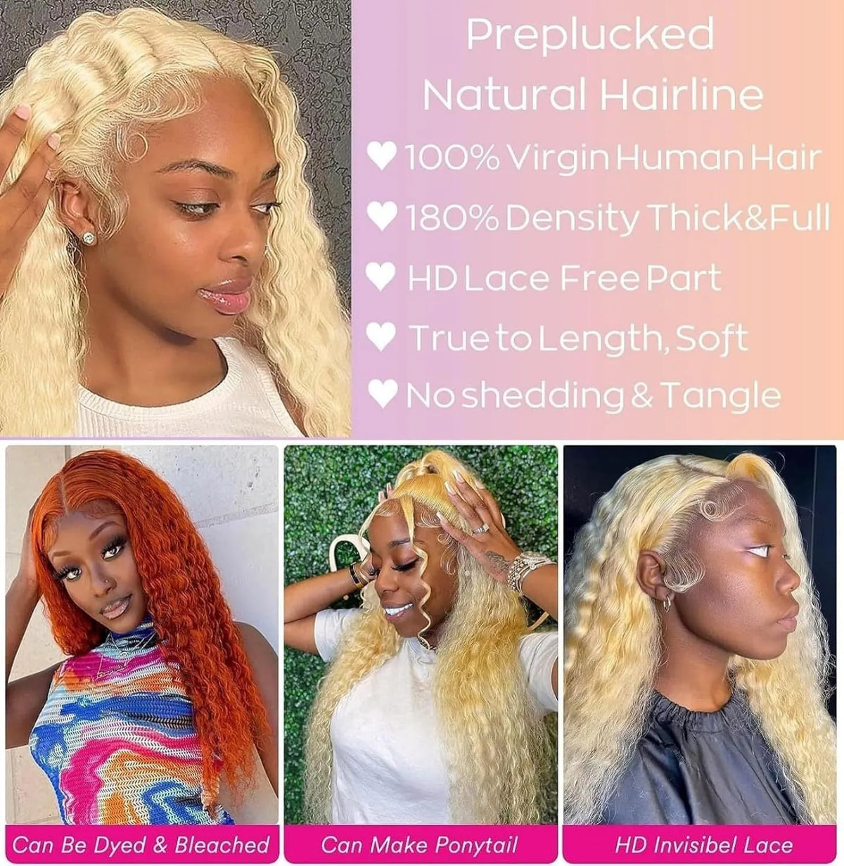 Gold front lace synthetic wig with medium and long curly hair for ladies, high temperature fibre, natural style