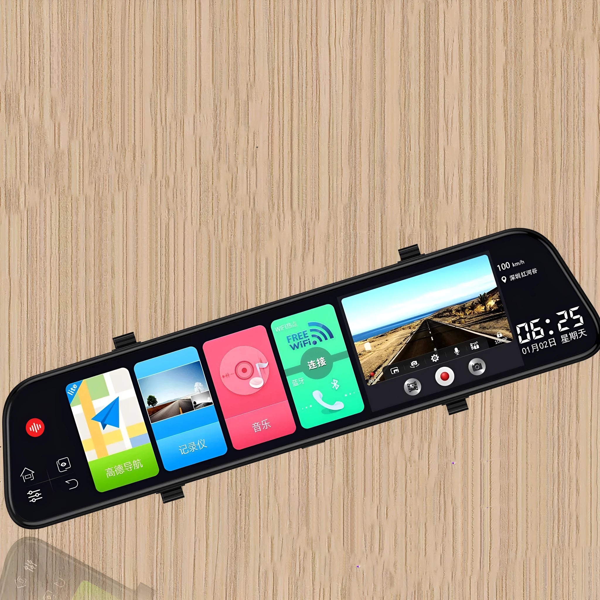 12-inch rearview mirror tachograph with touch screen display showing GPS navigation map