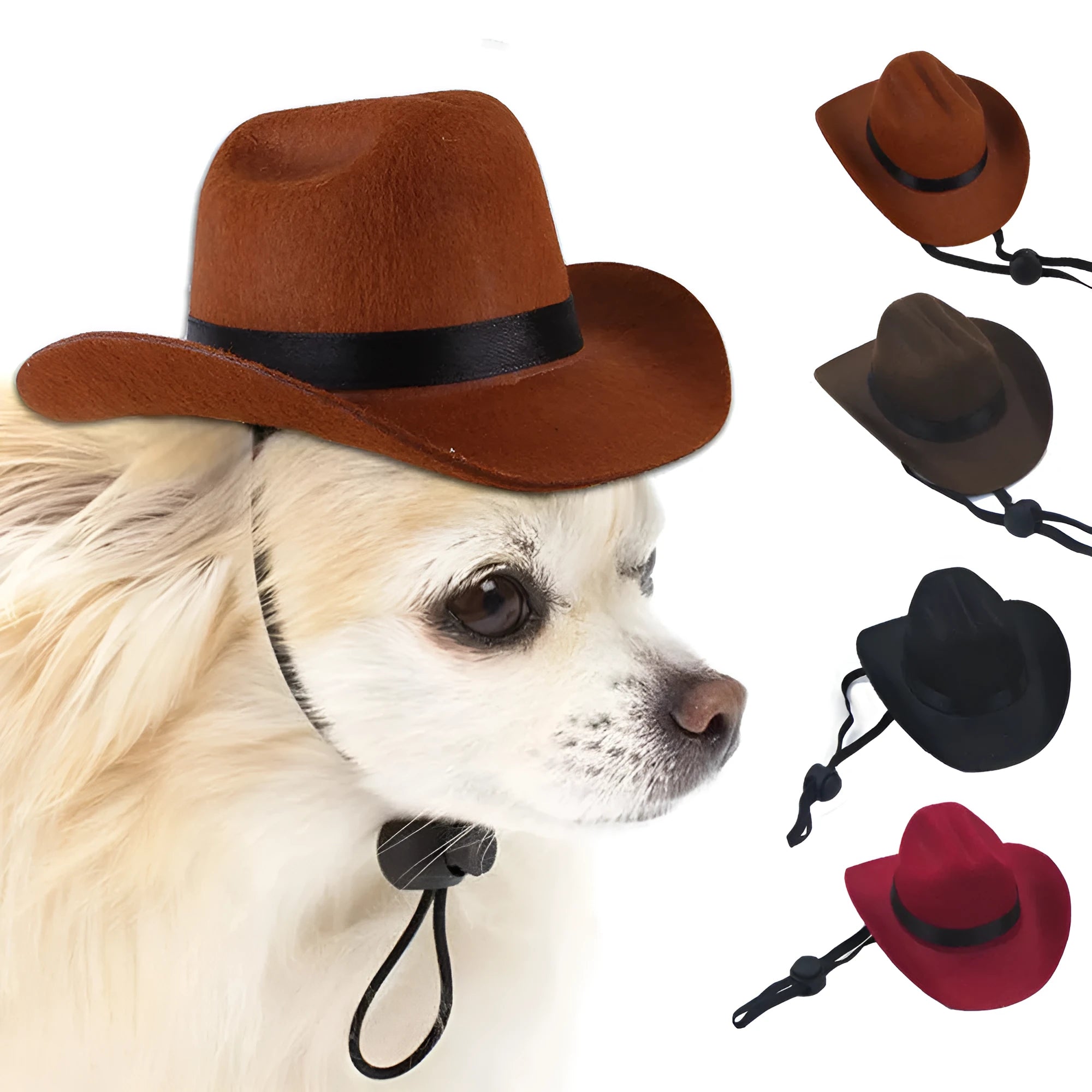 Adjustable cowboy hat for pets in black, brown, burgundy, or coffee on a dog