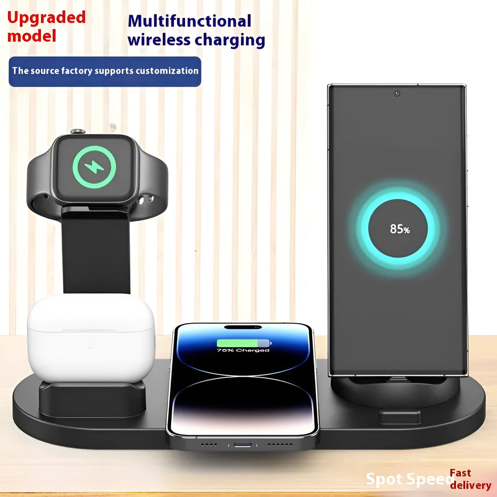 Universal wireless charging stand for mobile phone, smartwatch and headphones in black colour