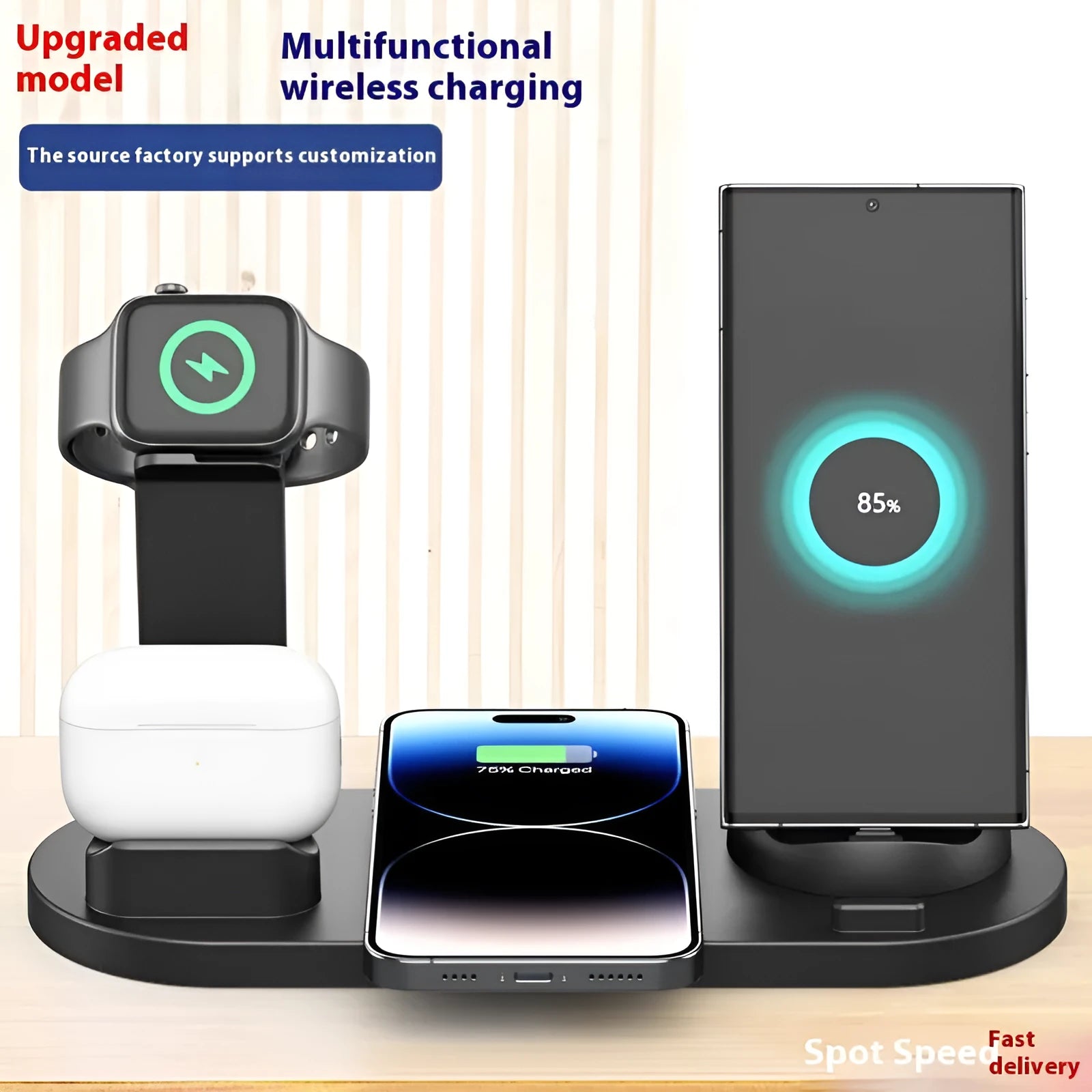Universal wireless charging stand for mobile phone, smartwatch and headphones in black colour
