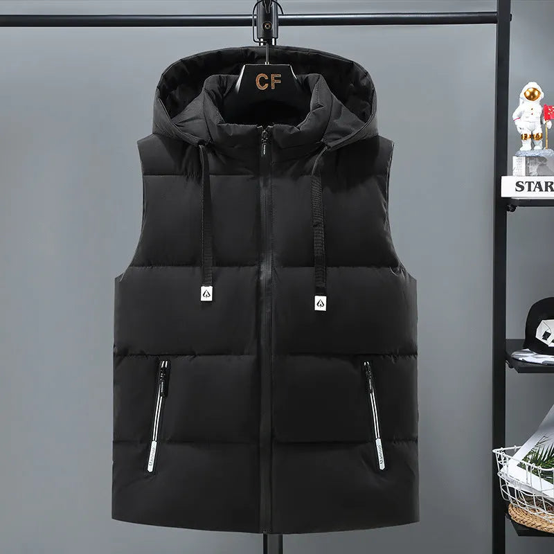 Men's black thickened polyester vest with a removable hood and zipper pockets.