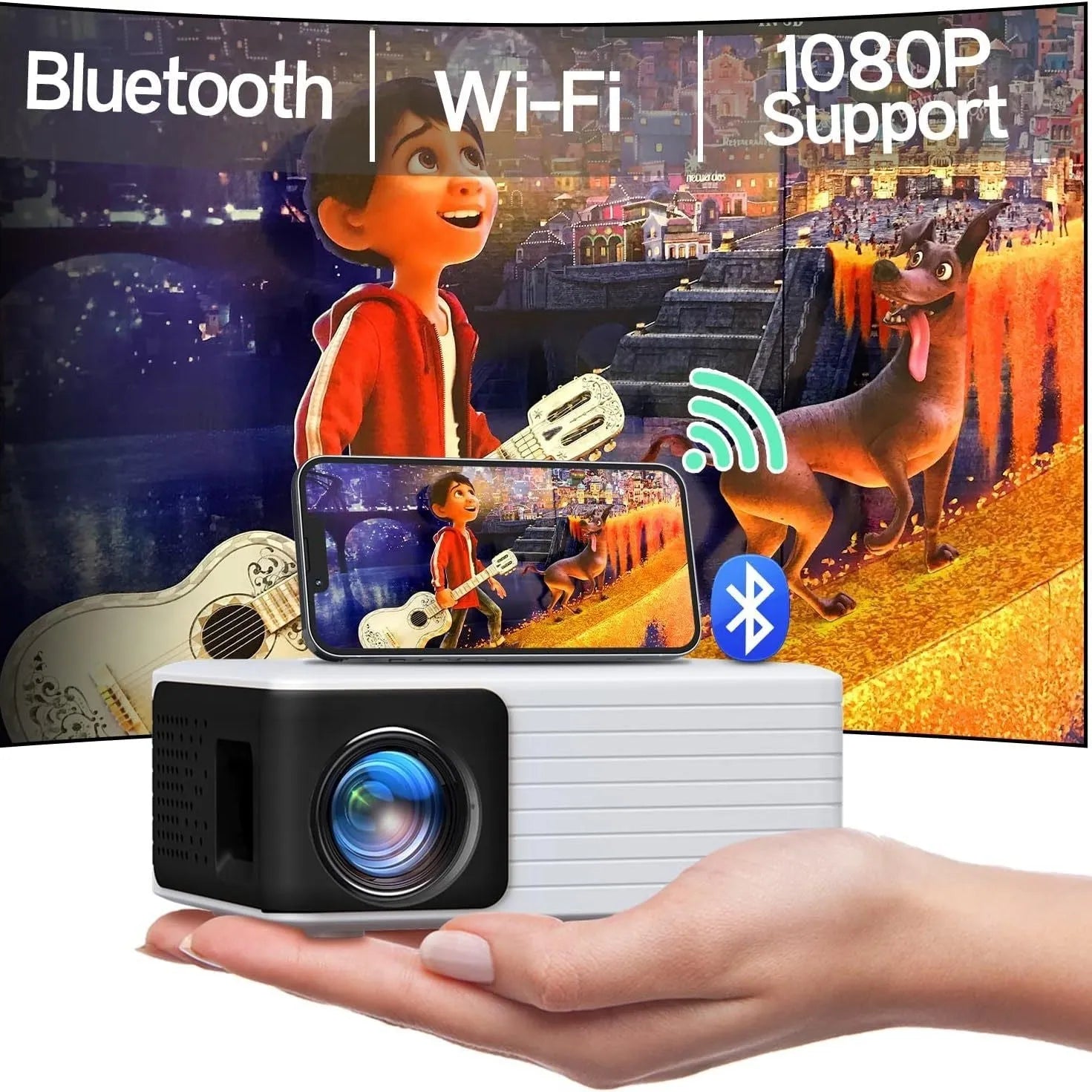 Black Smart Android 720p WiFi Bluetooth projector with reflection film, 3200lms brightness