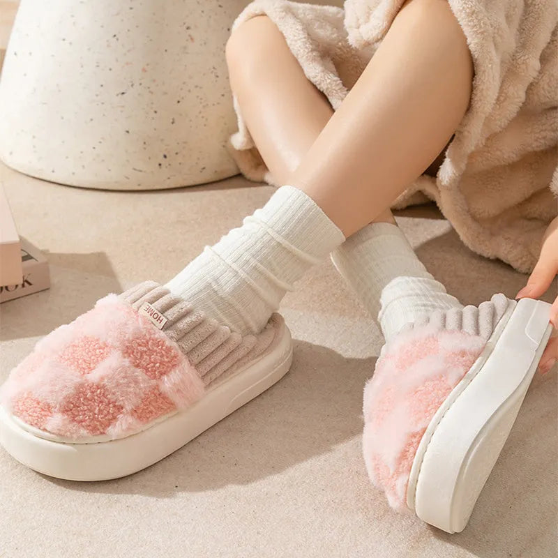 Women's plush indoor slipper in a choice of colours, showing round toe design, coral velvet upper, and textured non-slip PVC sole.