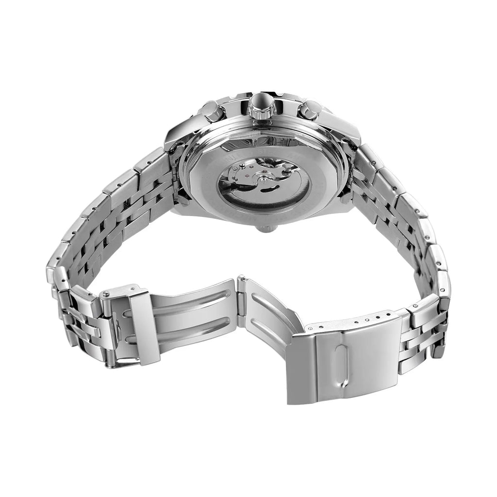 Men's double calendar automatic mechanical watch with 48mm steel round case and alloy strap, sports style pointer display.