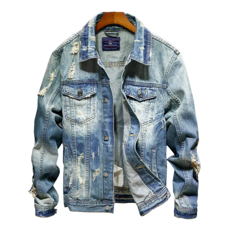 Slim fit blue cotton washed denim jacket for men with long sleeves and regular sleeve type