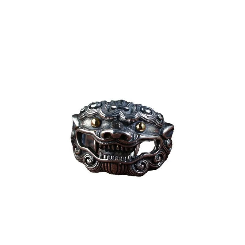 Silver open ring with detailed animal Jibeast pattern and geometric design