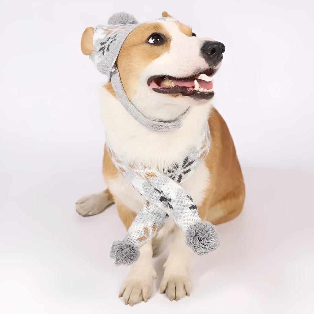 Japanese-style retro jacquard pet sweater and matching scarf hat set in pink or grey colours