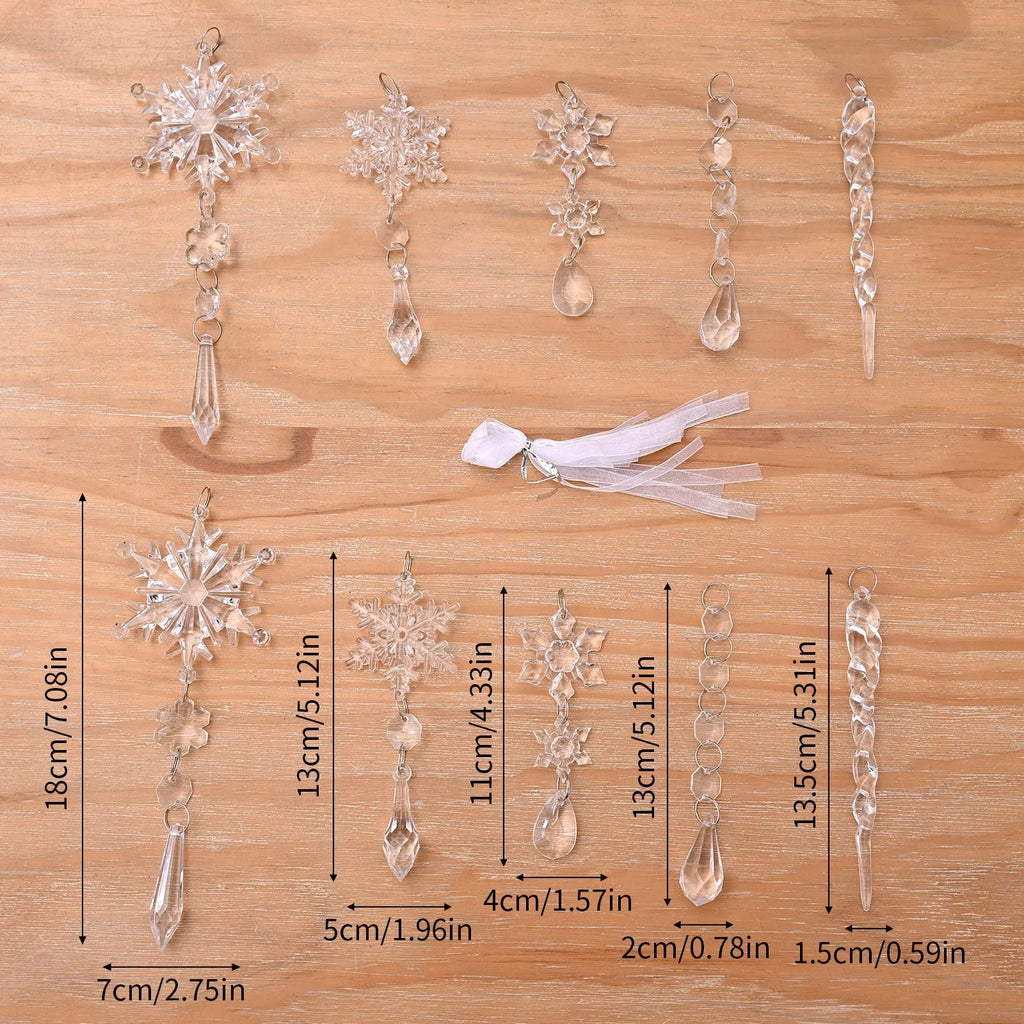 Ten transparent acrylic ice cone Christmas ornaments with hanging ribbon