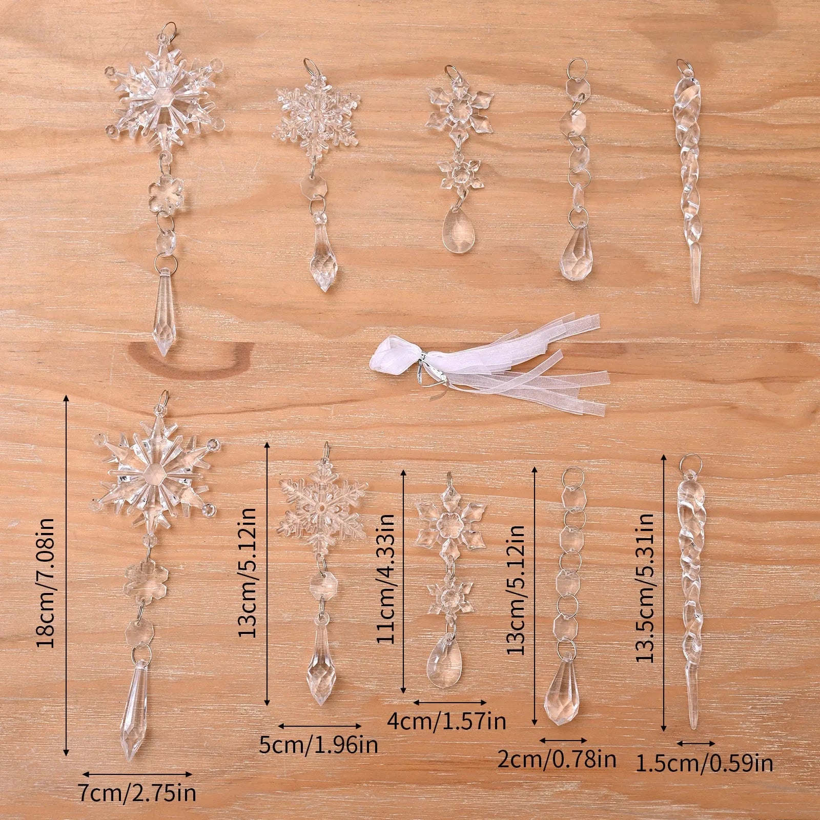 Ten transparent acrylic ice cone Christmas ornaments with hanging ribbon