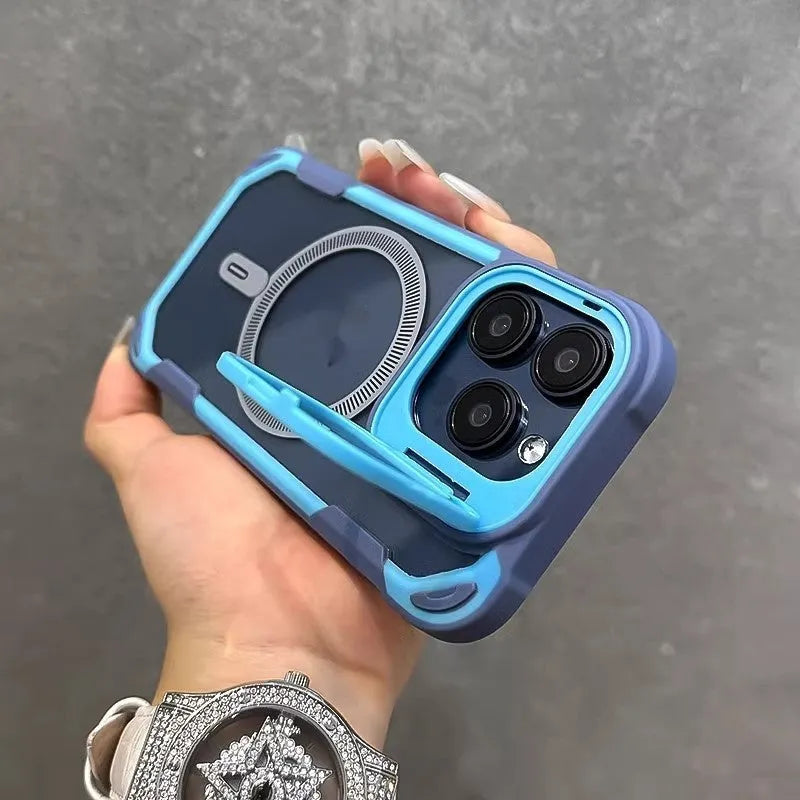 Four-corner drop-resistant airbag phone case with invisible bracket and magnetic back, compatible with iPhone 13 to 16 Pro Max