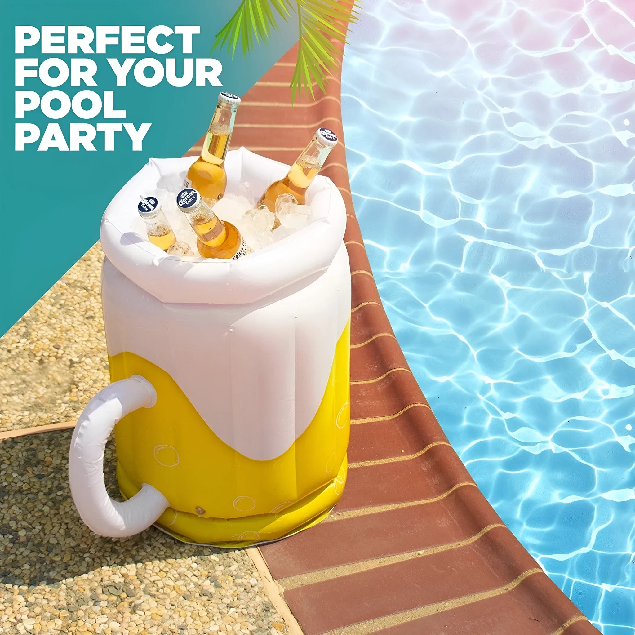 Yellow PVC inflatable beer mug shaped pool float cooler with drink holders