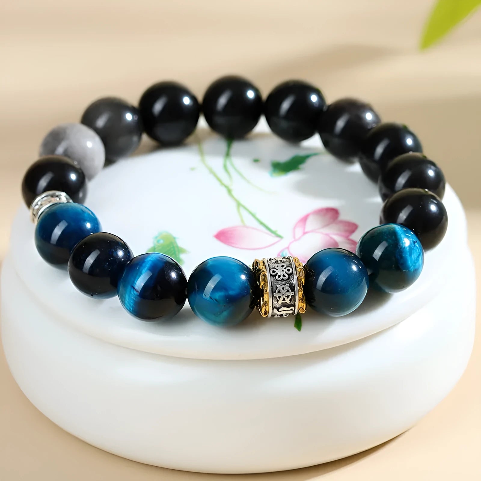 Handmade peacock blue Tigereye stone bracelet with geometric round beads and silver-coloured settings