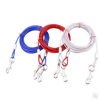 Double-headed dog leash with steel wire rope and iron chain, shown in a listed colour such as blue or black.