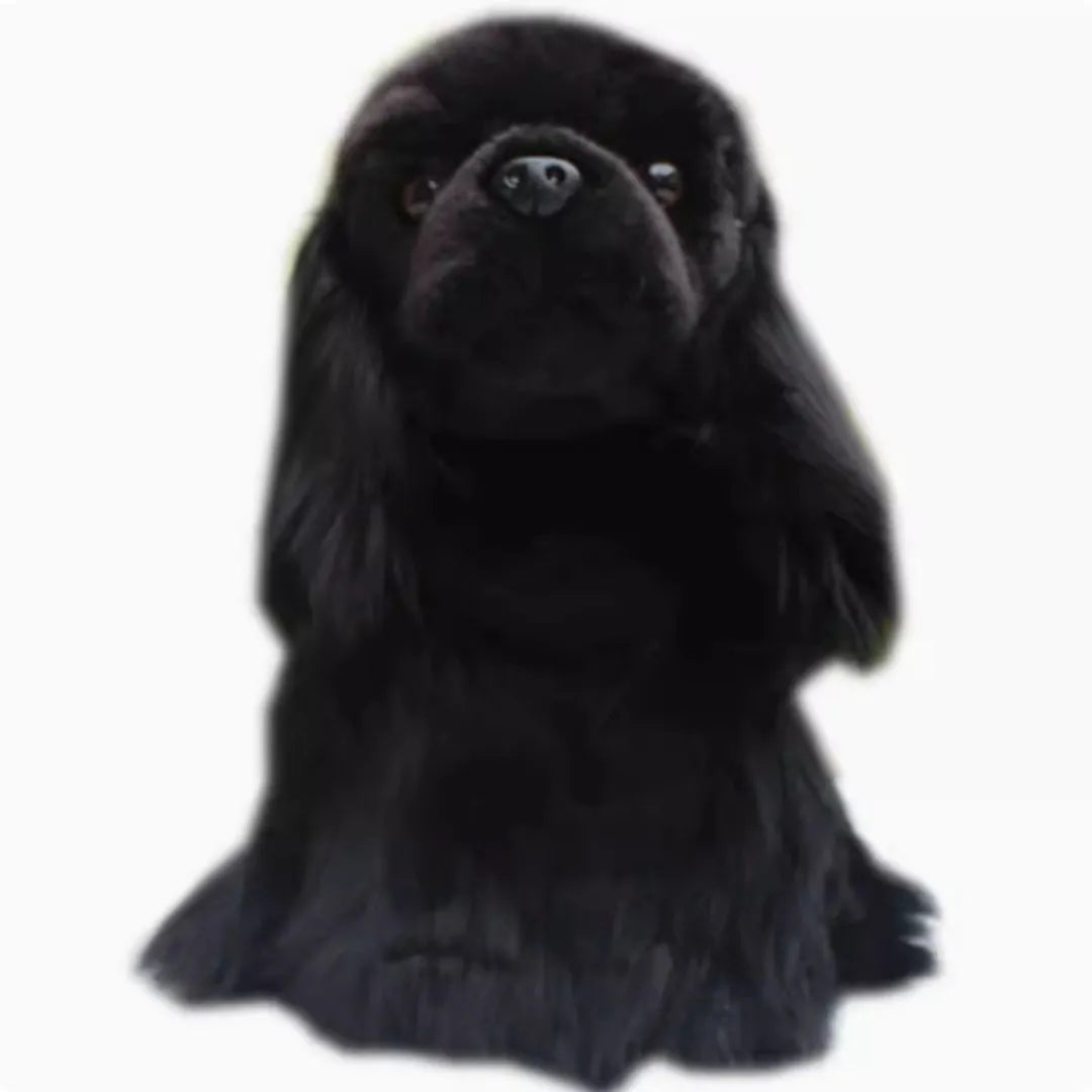 Black simulated cocker dog plush doll, 27cm from nose to buttocks, with PP cotton filling