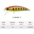 48mm hard body fishing lure for submerged mino technique, shown in multiple colours.
