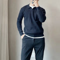 Men's loose knit sweater in army green colour with textured rabbit fur modal fabric