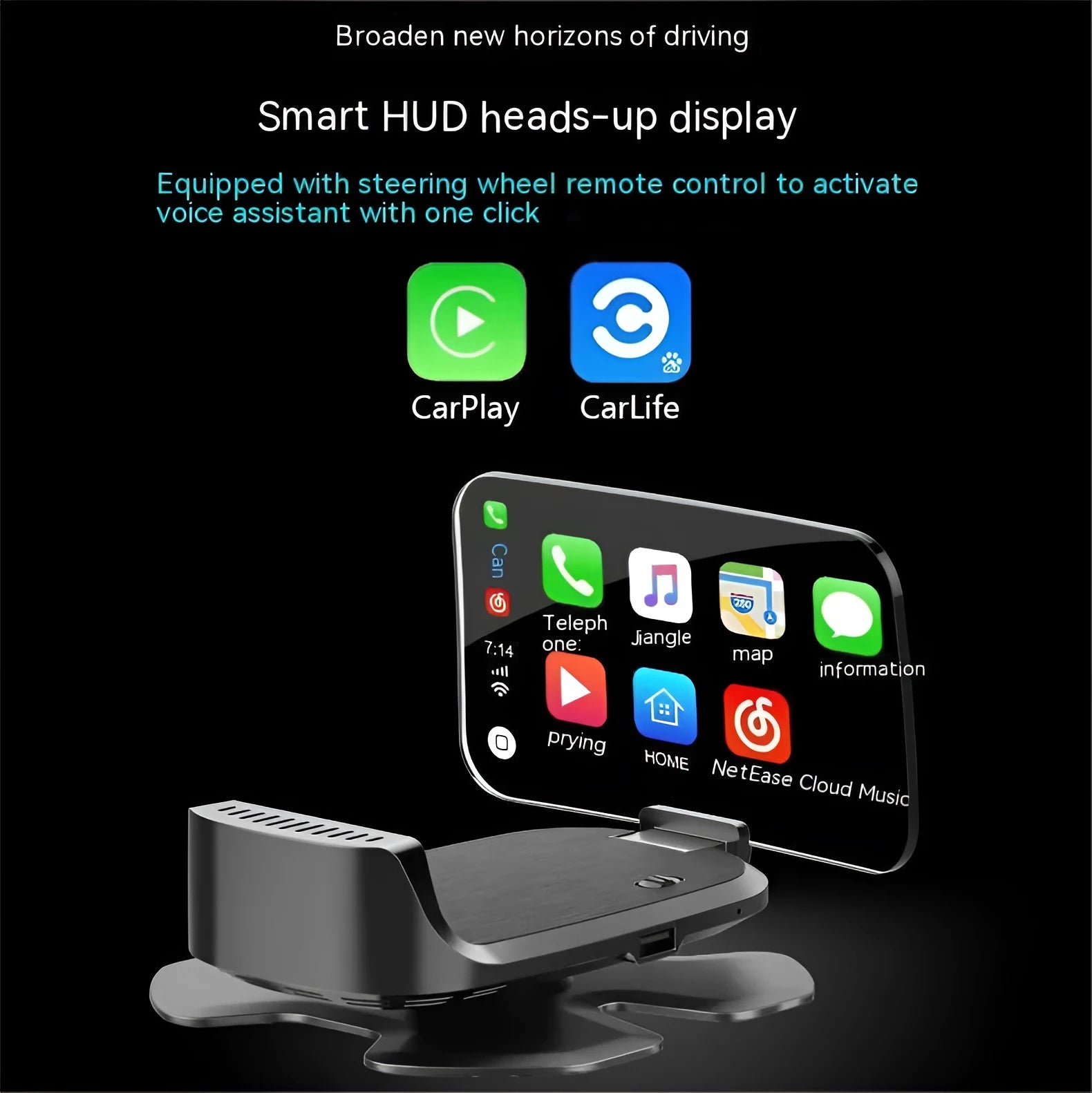 Black car head-up display projector unit showing OBD connection cable for vehicle installation