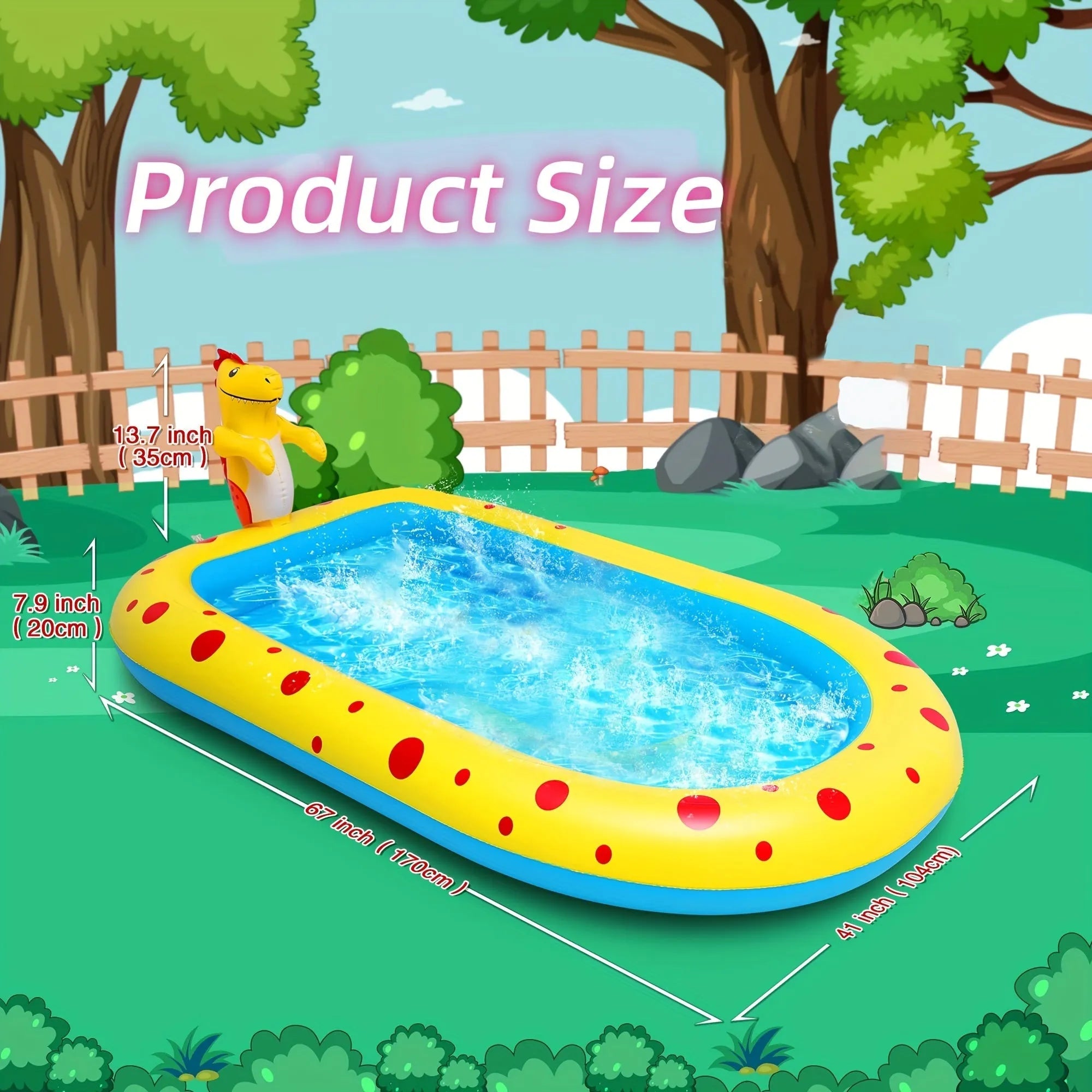 Blue dinosaur-shaped inflatable water spray pool with four spray holes in a garden setting