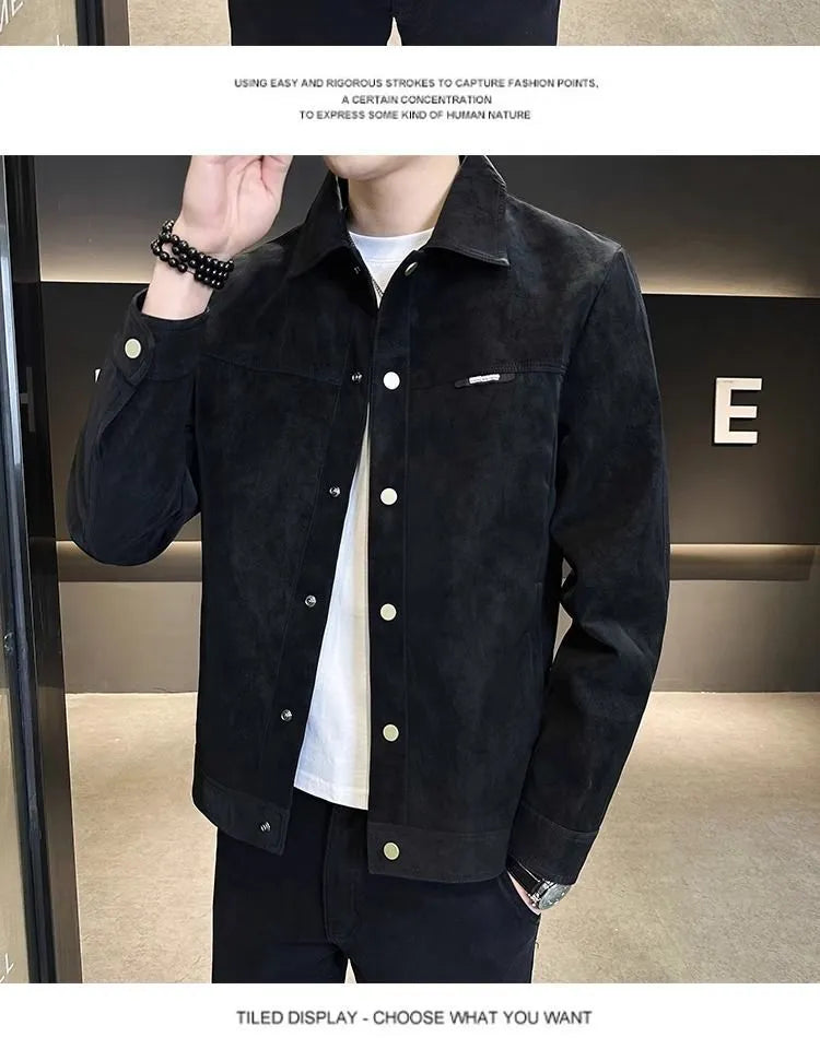 Men's chemical fibre blended suede lapel spring jacket in brown, solid colour with tie-dye finish, long sleeves, slant-cut hem