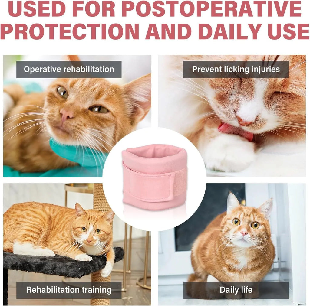 Soft cat cone recovery collar in grey and pink colours showing four size options