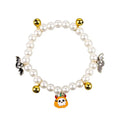 Halloween decorative pet collar with simulated pearls and a choice of pumpkin-themed charms: purple ghost, skull, or smiling.