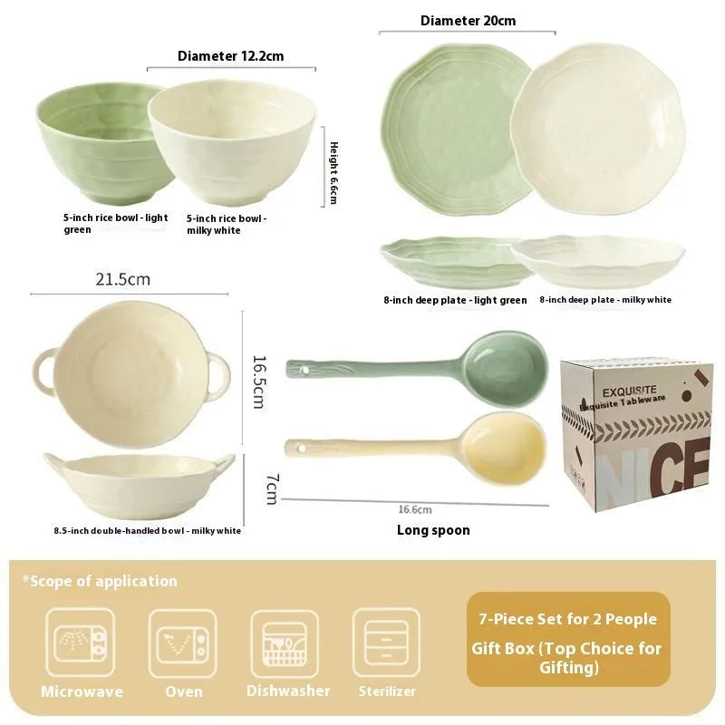 Seven-piece ceramic tableware set in solid colours with simple modern design