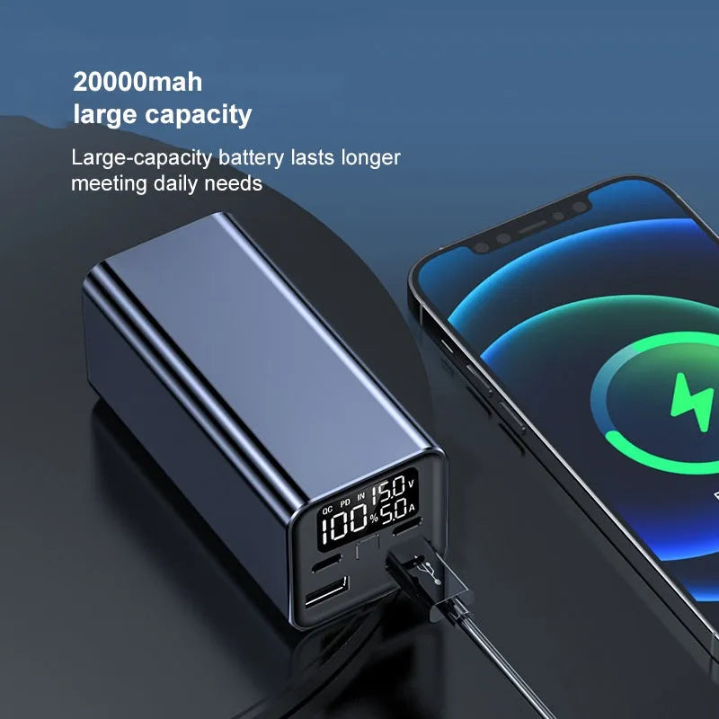 Black aluminium alloy 65W power bank with 20000mAh capacity for laptop charging, shown next to a charging cable.