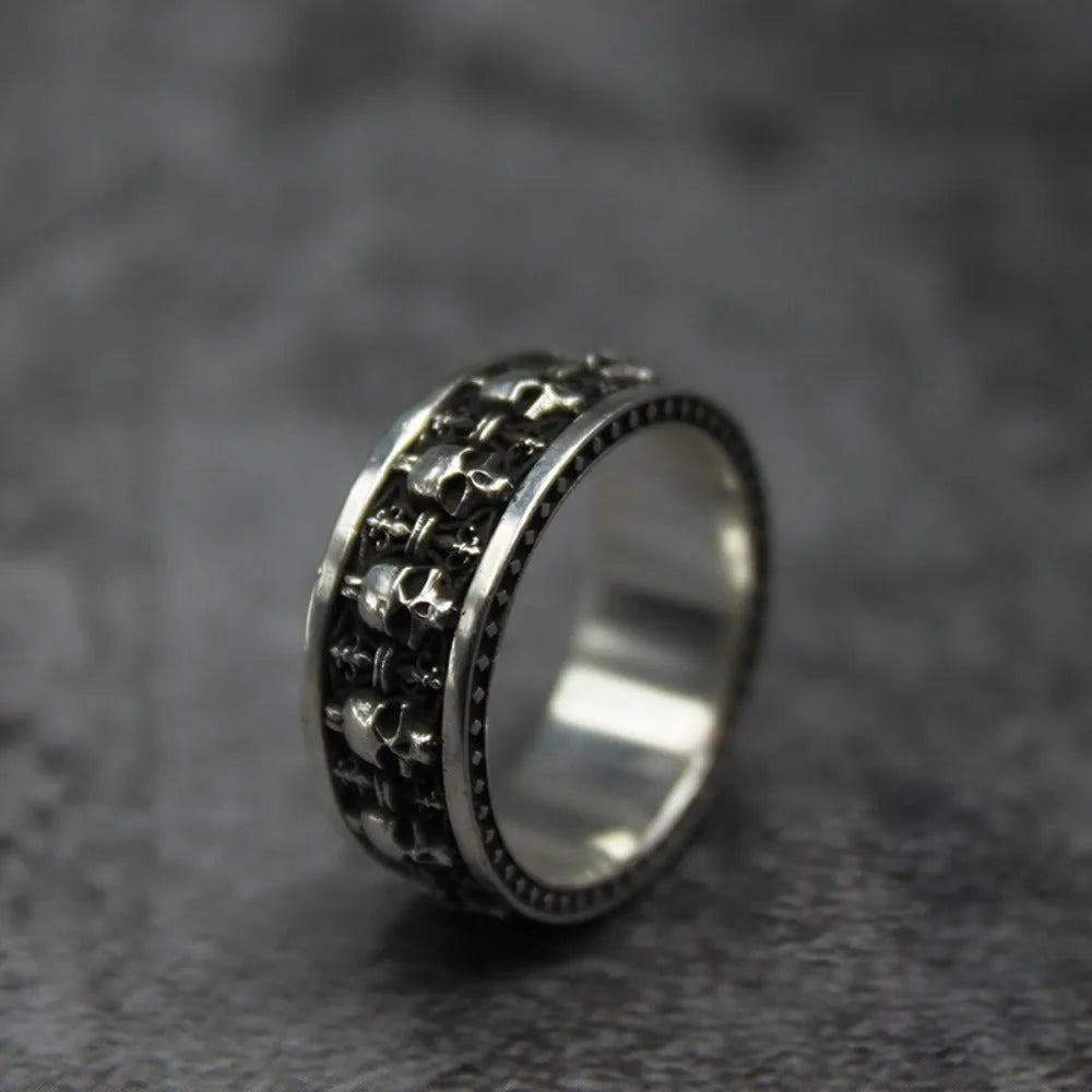 Unisex alloy skull ring with geometric ornament and retro gothic style, shown in one colour variant