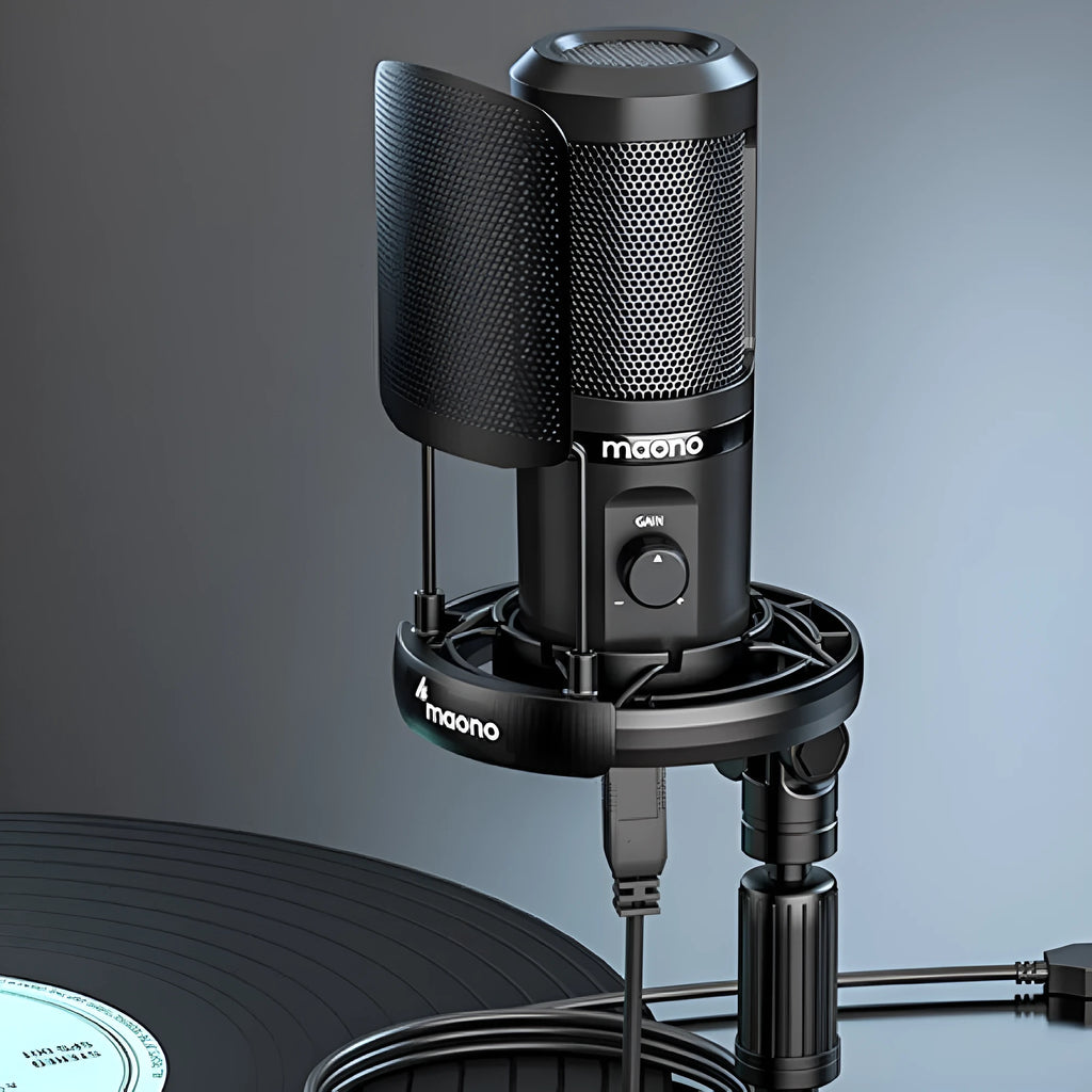 PM461 coloured USB condenser microphone with tripod and shock rack for desktop recording.