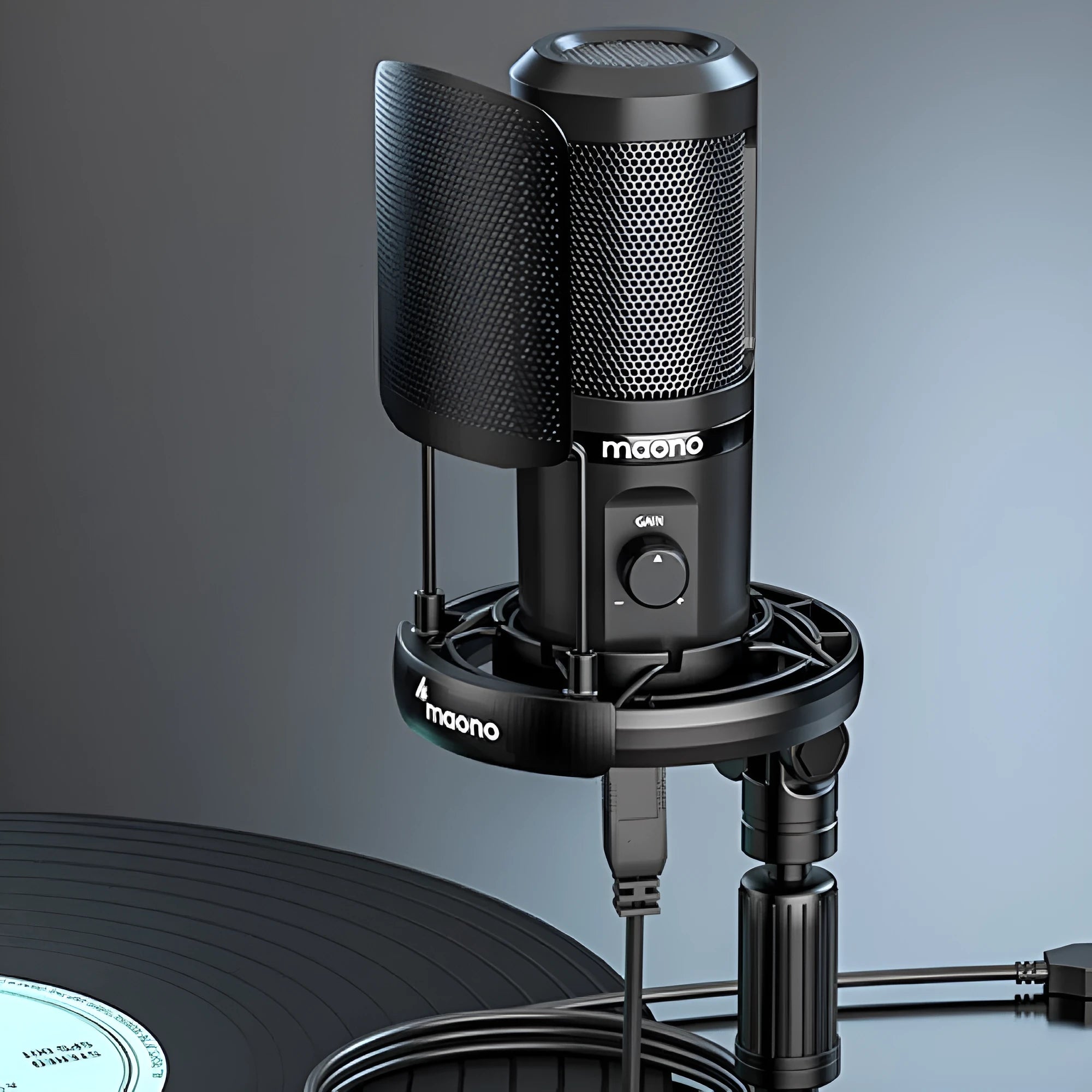 PM461 coloured USB condenser microphone with tripod and shock rack for desktop recording.