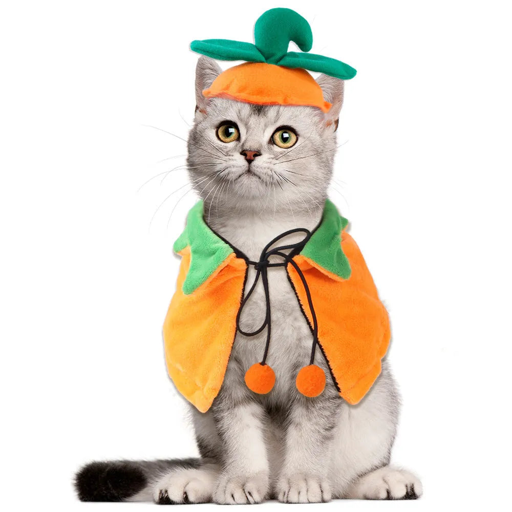 Halloween pumpkin design pet cloak for dogs and cats in plush fabric with double-sided construction
