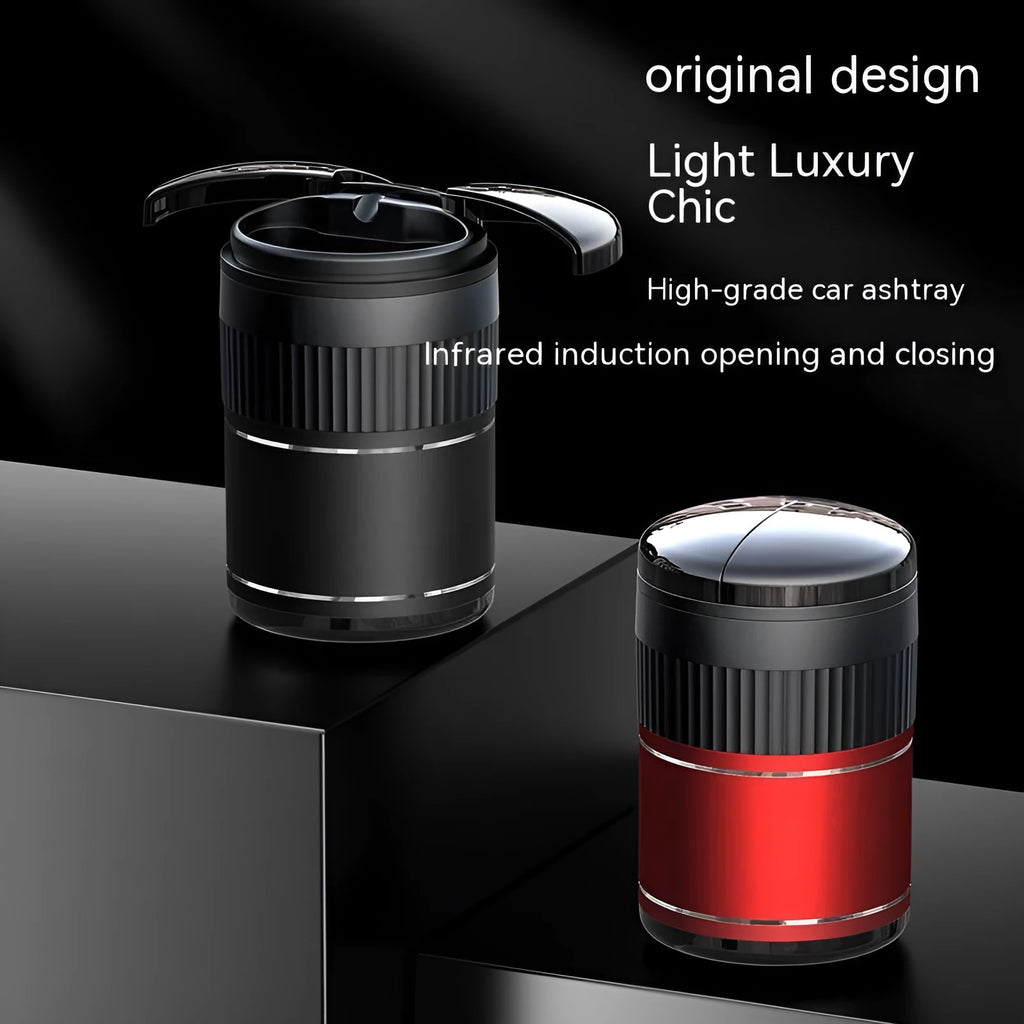 Smart infrared and touch control metal car ashtray with lid in black, measuring 113mm.
