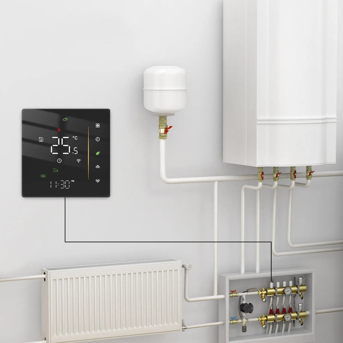 Intelligent home heating energy-saving thermostat switch with capacitive touch keys, black, for boiler and electric floor heating