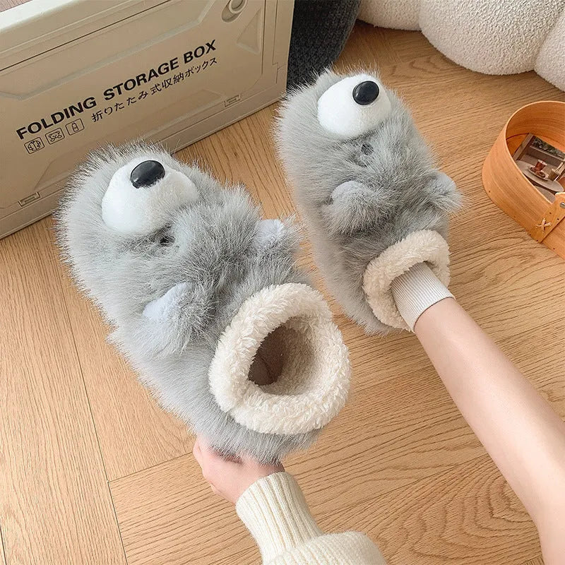 Women's ankle wrap cotton slippers in grey with plush upper and non-slip sole