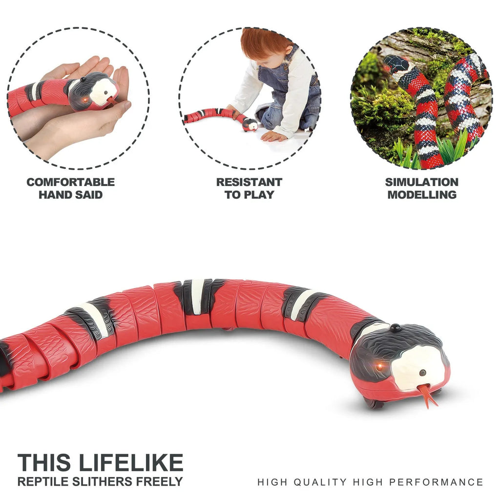 Smart sensing electronic snake cat toy with segmented plastic body and built-in catnip compartment