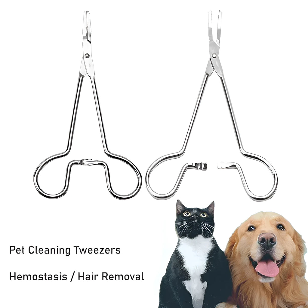 Silver stainless steel pet grooming tweezers with curved tip for ear cleaning and hair removal