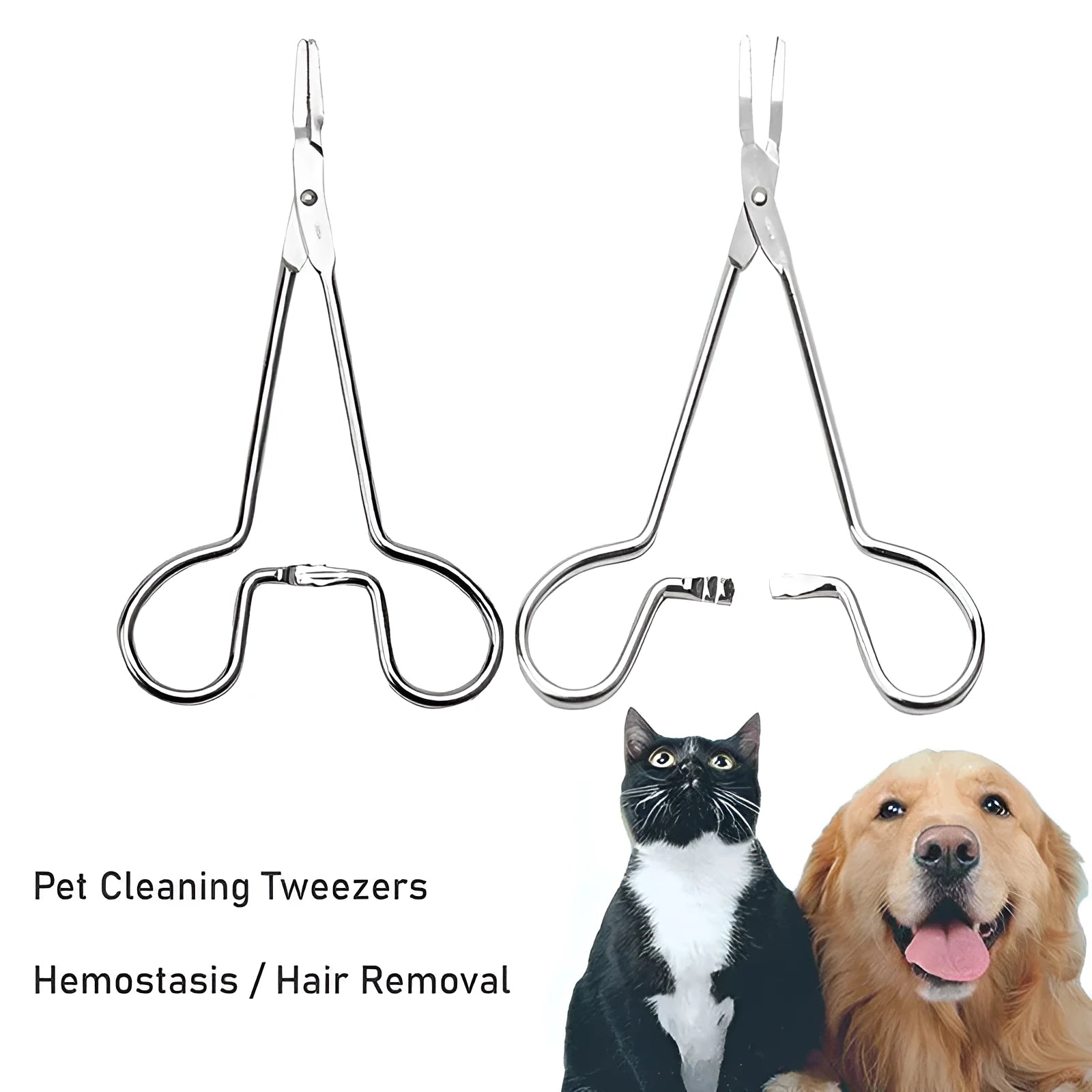 Silver stainless steel pet grooming tweezers with curved tip for ear cleaning and hair removal